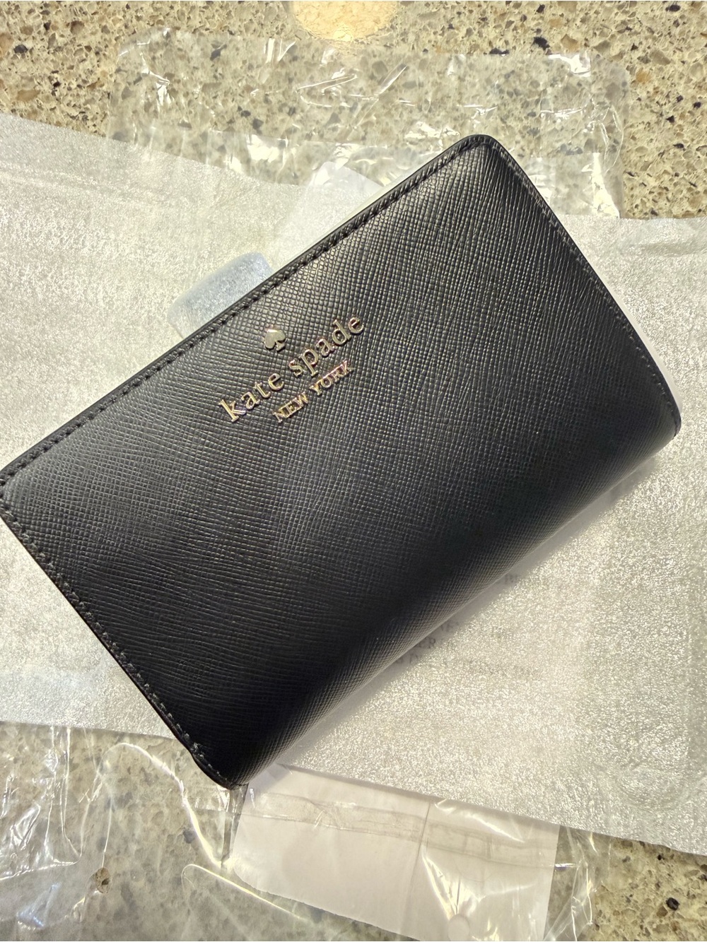 kate spade Black Saffiano Leather Bifold Wallet with Gold Logo